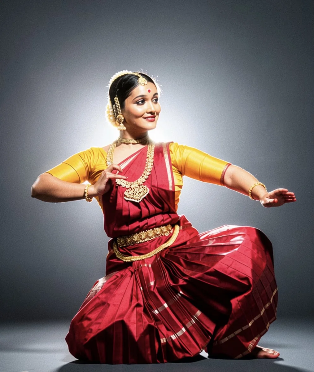 A dancer in a red and yellow costume in a seated pose